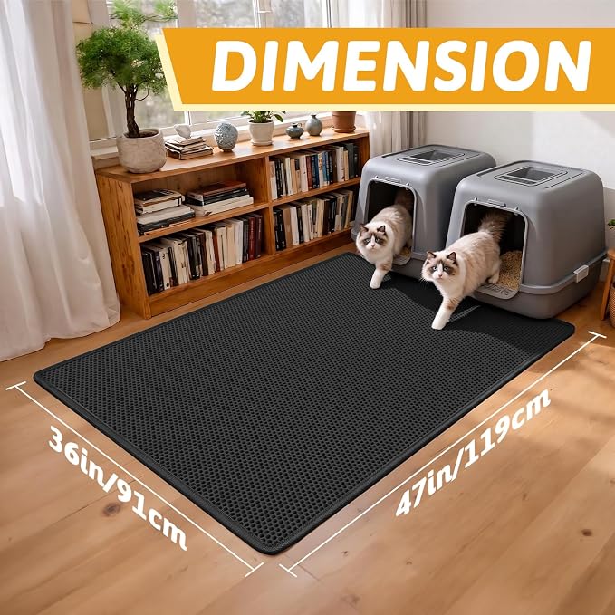 Pieviev Litter Box Mat, Double-Layer Waterproof Design, 47" x 36" Black | Honeycomb Litter Trapping Mat Captures Scattered Particles to Stop Tracking, Waterproof Base Protects Floors, Easy to Clean - Image 2
