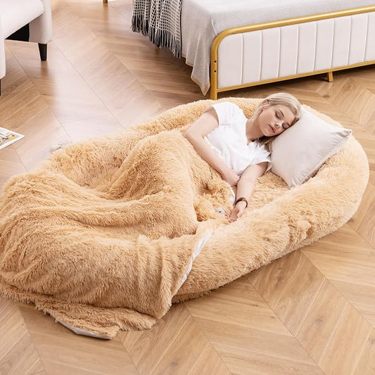 Giantex Human Dog Bed - 71" x 45" Large Human Size Dog Bed for Adult, Orthopedic Egg Crate Foam, Washable Faux Fur Bed Cover, Blanket, Pillow, for Pets and People Doze Off Napping (Brown) by Giantex