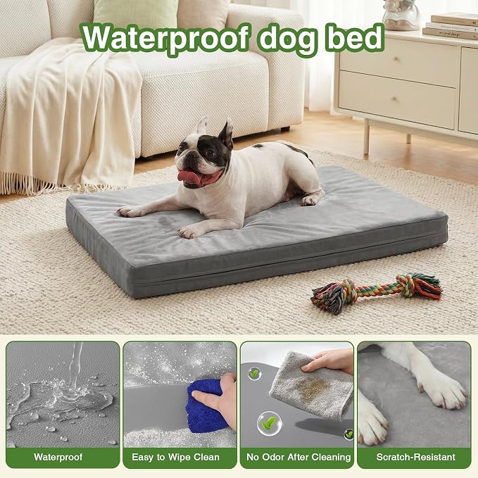 Waterproof Dog Bed Medium Size Dog, Washable Crate Pad 30" Orthopedic Gray | Outdoor Pet Bed Foam, Reversible Faux Leather & Flannel, Removable Cover,Anti-Slip Kennel Pad 29"x18" - Image 2