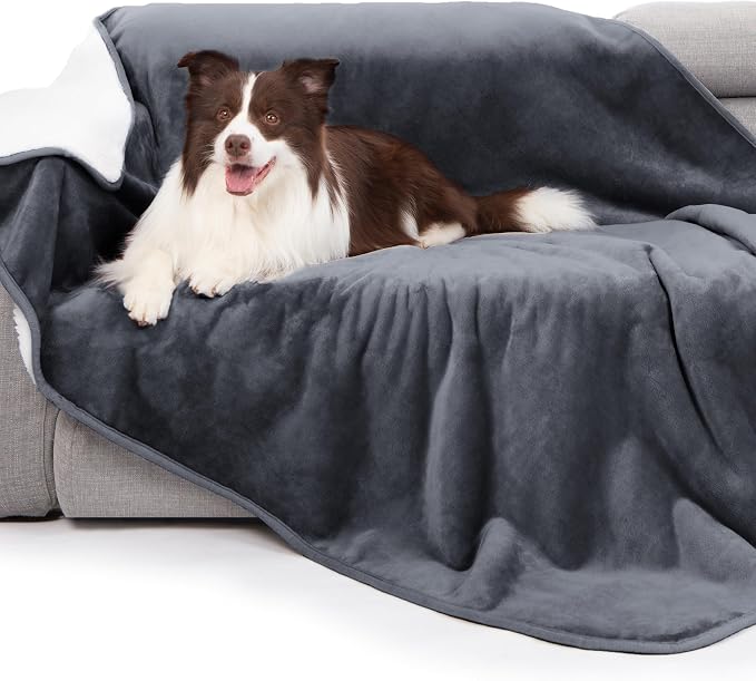 gogobunny Waterproof Bed Blanket, Reversible Sherpa Fleece Throw Blanket for Dog Puppy Cat, Furniture Cover Protects Bed Couch Sofa from Liquid Pee and Pet Fur (Dark Grey, 50x60 inches) by gogobunny