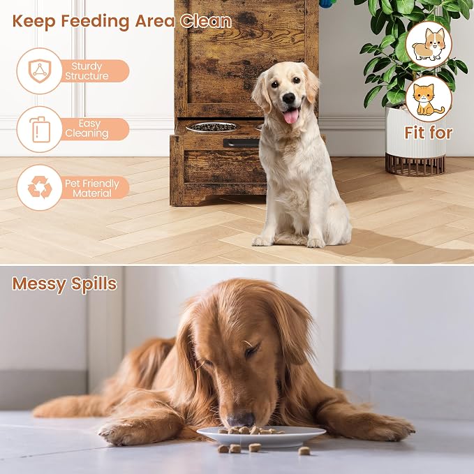 Garvee Dog Feeding Station with 2 Elevated Bowls, Brown | Wooden Dog Food Storage Cabinet, Flip Top Pet Feeding Station, Food Storage Container, Pet Toy Organizer - Image 5
