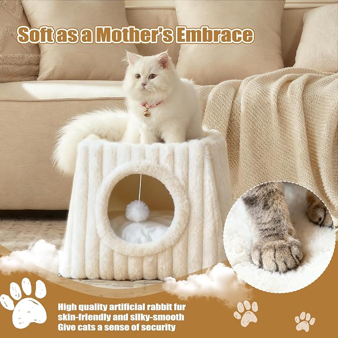 Dogpals Indoor Cat House - Large Cat Cave Bed with Fluffy Balls, Foldable Cat Bed Cave and Apartment with Pads, Suitable for Multiple Small and Large Cats, 18.5x15.4x15.4inches (White, XL) - Image 5