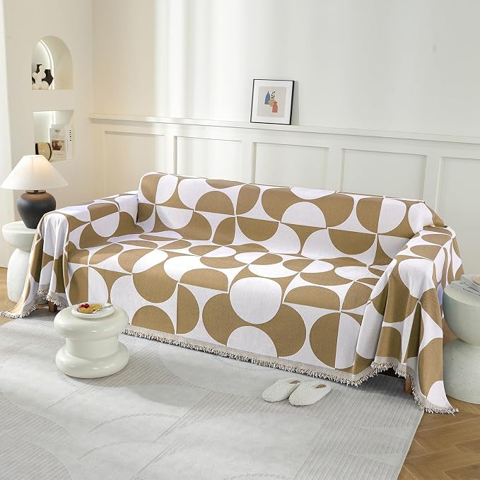 Couch Cover for Sofa, Boho Sofa Cover Washable Couch Cover for Dogs, Pet Sofa Cover for 1-Cushion Couches with Tassel Furniture Protector Cover,71" x 91",Khaki-Half-Round-2 - Image 2