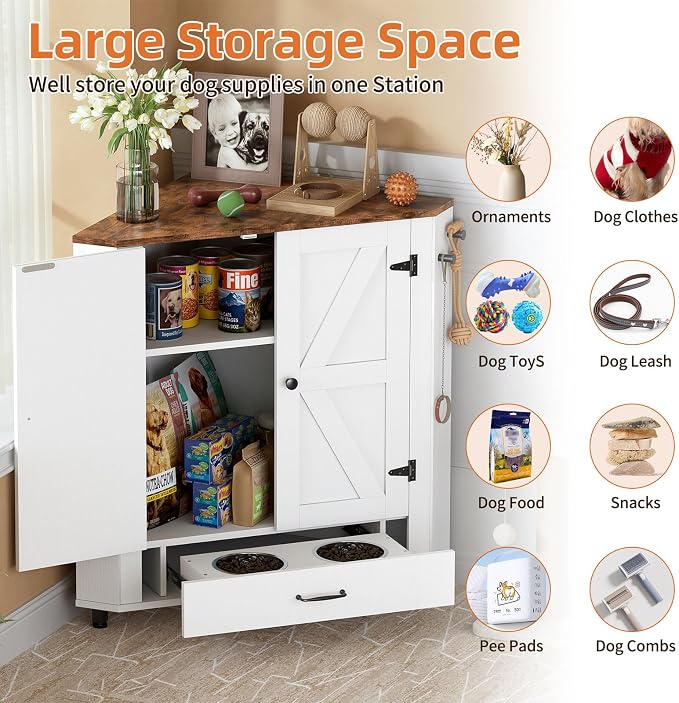 PakaLife Farmhouse Dog Food Storage Corner Cabinet, Dog Feeding Station with 2 Hidden Bowls, Adjustable Panel, 4 Hooks, Pet Feeding Station Corner Cabinet for Medium, Small Sized Dogs - Image 7