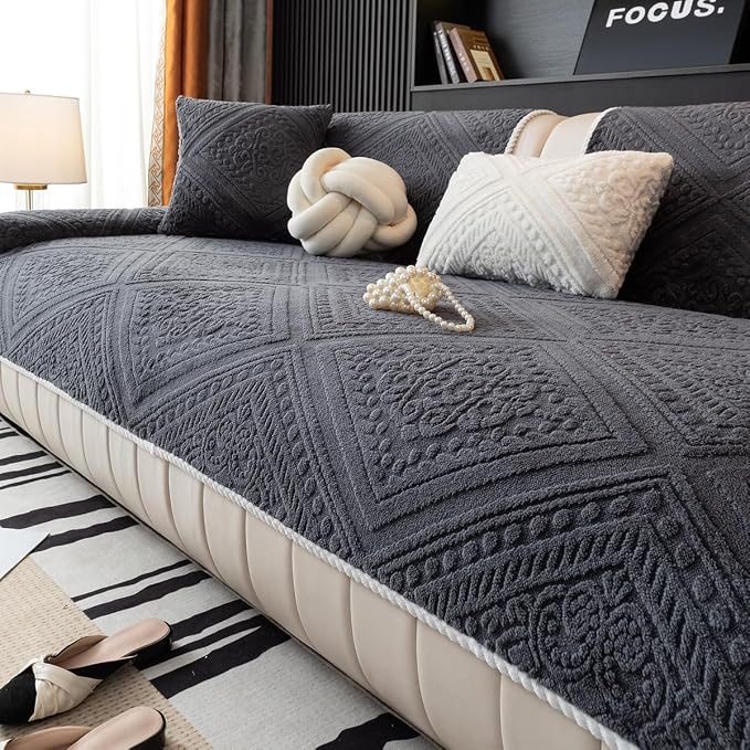 Boho Couch Cover Non Slip Sofa Cover Washable for Dogs, Sectional Couch Covers Soft, Plush Sofa Slipcover Furniture Protector Covers for L Shaped(Dark Grey, 36"x 94") by MDSASFD