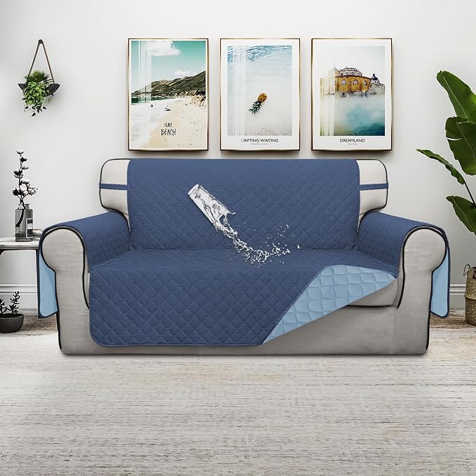 ISSUNTEX Double Protection 100% Waterproof Loveseat Covers for Living Room, Couch Covers for 2 Cushion Couch Sofa, Reversible Furniture Protector Sofa Cover for Dogs (Loveseat, Dark Blue/Light Blue) - Image 2