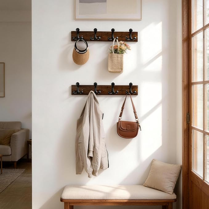 SKOLOO 24-Inch Walnut Wood Coat Rack Wall Mount with 4 Triple Hooks - Ideal for Family Entrances, Classrooms, and Pet Supplies Storage - Perfect Coat Hooks for Wall - Image 3