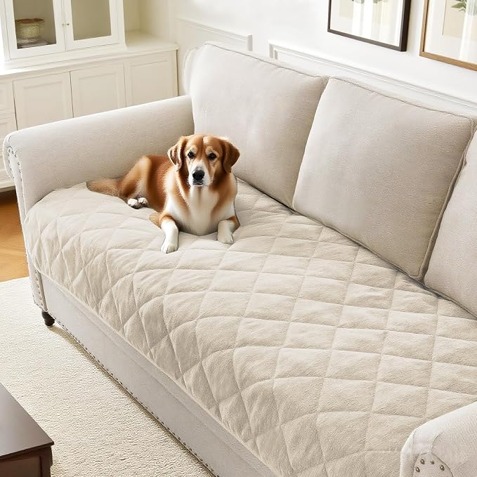 PrinceDeco Couch Covers for Dogs Chenille Sofa Covers for 3 Cushion Washable Quilted Checkered Fuzzy Pet Couch Cover Soft Couch Protector Non-Slip Sofa Pads for Puppy Cat Kids(34.5" x 70", Ivory) by PrinceDeco