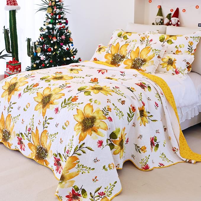EVENHUG 100% Cotton Quilt Twin Size Yellow Sunflower Bedding Set Floral Lightweight Quilt Reversible Coverlet Bedspread with 1 Pillow Shams All Seasons 2 Pieces (68"x86") - Image 3