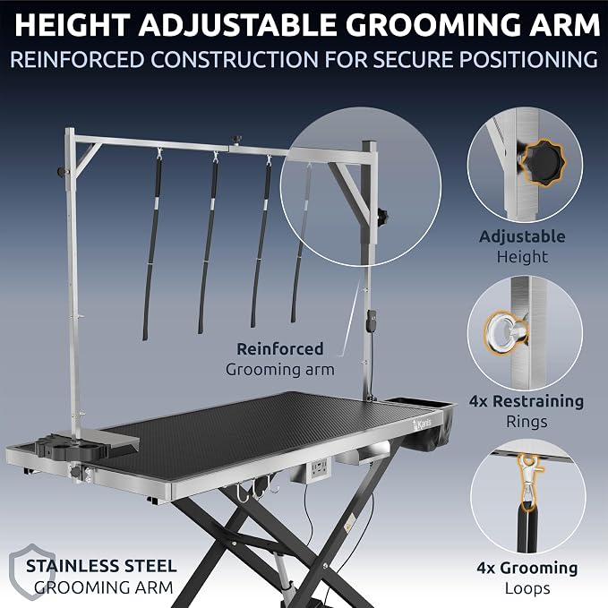 KANIS Professional Electric Dog Grooming Table - Heavy Duty | Height Adjustable Pet Grooming Table w/Leveling Wheels, Dog Grooming Arm, Anti-Slip Tabletop & Tool Organizer (Black, 60") - Image 7