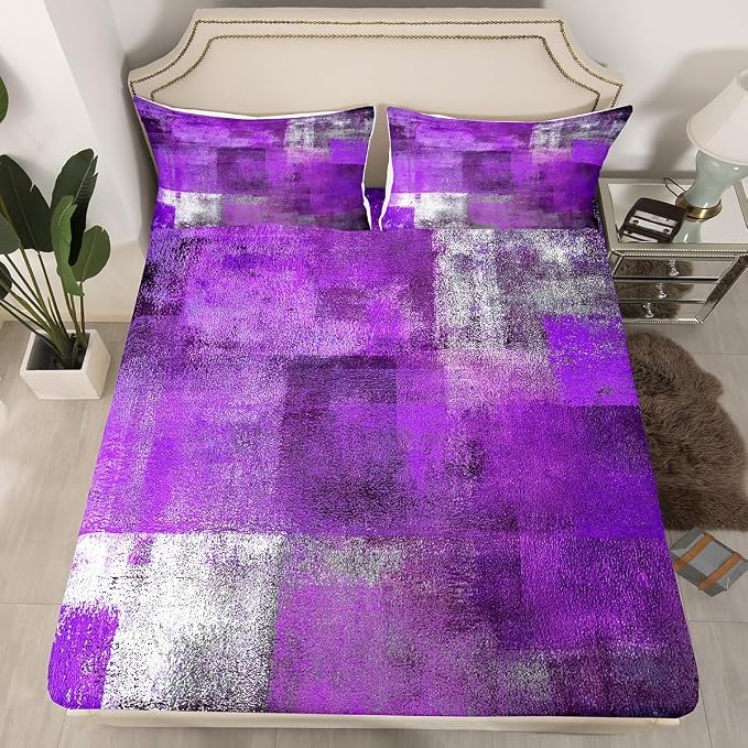 Erosebridal Oil Painting Bed Sheets Set for Kids Boys Girls,Purple Grey Sheet Set,Watercolor Ombre Sheets,Contemporary Abstract Artwork Flat Fitted Sheet with 2 Pillowcases Bedroom Decor,King - Image 2