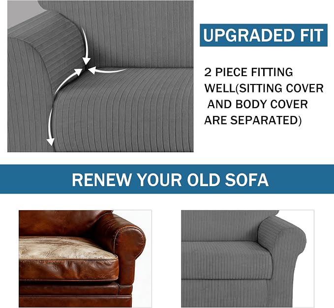 Oversized Sofa Cover Stretching Skid Resistance Couch Cover for Pets Washable, Thick and Durable Soft High Spandex Striped Pattern Sofa Covers (Oversized Sofa, Light Gray) - Image 4