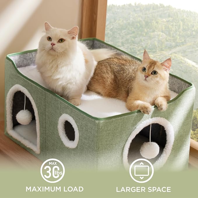 Bedsure Extra Wide Cat House Bed with Fluffy Ball and Scratch Pad,Green | 23.6x16.9x13 in,Indoor Cat Cave for Multiple Pets, Foldable Cat Hideway Cube for Sleeping Large Cat and Kitten - Image 5