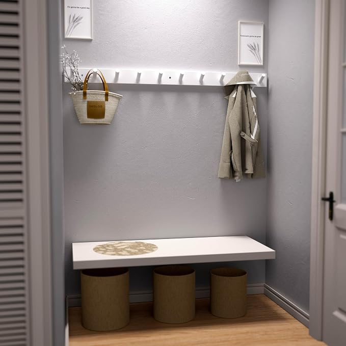 SKOLOO Wood Coat Rack Wall Mounted,10 Peg Long Bamboo Hook for Hanging Backpack Coat Towel Hat,16'' Hole to Hole,White - Image 2