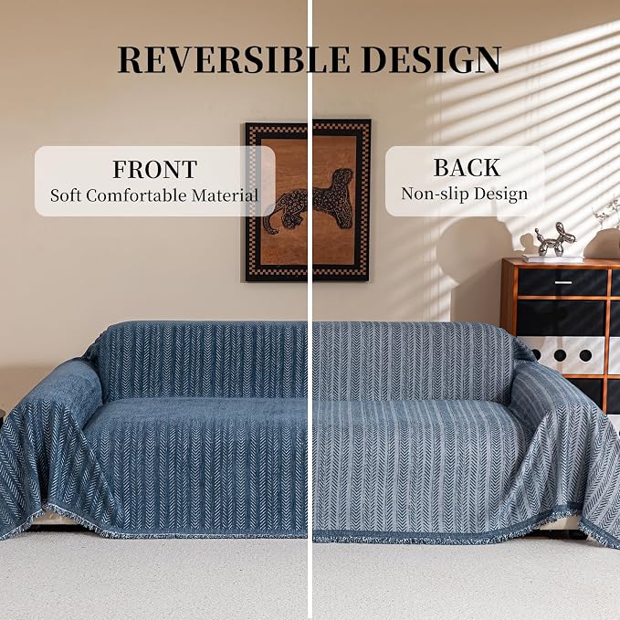 Sofa Covers for 3 Cushion Couch Seat, Loveseat Non Slip Couch Cover Chenille Strip Couch Throw Blankets with Tassels, Sectional Sofa Slipcovers Furniture Protector for Pets, Kids 71"x150", Dark Blue - Image 2