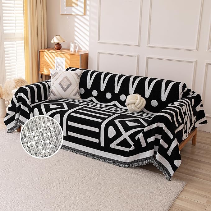 Deep Dream Boho Couch Cover, Non Slip Soft Chenille Couch Covers for 2-3 Cushion Couch, Thick Sofa Slipcover Sofa Cover Washable Couch Protectors for Dogs (Black, 71"x150") by DeepDream