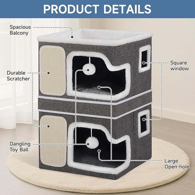 Double Cat Beds for Indoor Cats, 2-Storey Cat House with Large Cozy Hideaways, Dual Purpose Cat Cave Cube with Scratch Pads, Fluffy Balls, Foldable Indoor Cat Houses for Multi Small Pets Kitten, Grey - Image 5