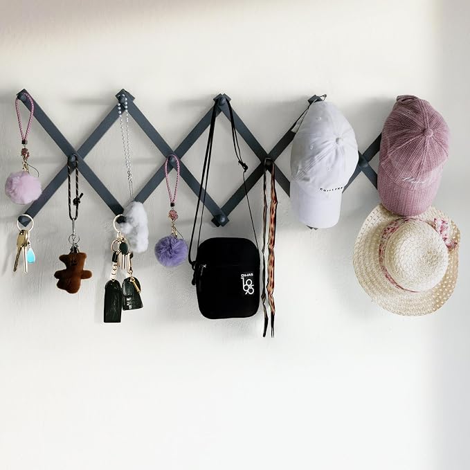 SKOLOO Hat Rack for Wall with 14 Hooks, Solid Wooden, Modern, Expandable Coat Rack Wall Mount for Coats, Hats, Bags, Baseball Caps, Dusty Gray Oak - Image 3