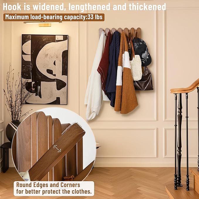 Wall Coat Rack for Entryway: Wooden Modern Heavy Duty 6 Hooks | Foldable Wall Mounted for Small Spaces Entryway Bathroom for Hanging Jacket Towel Backpack - Space Saving Home Decor - Image 4