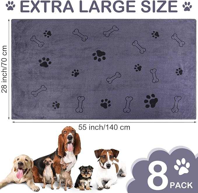 Chumia 8 Pcs Microfiber Dog Towels for Drying Dogs Cats 55 x 28 Inch Pet Towels Bulk for X-Large Puppy Absorbent Fast Drying Paw Bath Bathing Supplies for Pets(Dog Paw and Bone, Gray) - Image 6