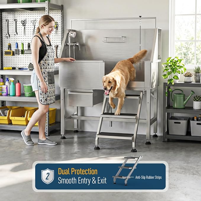Dog Washing Station for Home,Professional 46" Stainless Steel Dog Bathing Station Height Adjustable Dog Wash Station Dog Grooming Tub Stair, Drawer, Floor Grate & Fauct (Right Stair) - Image 8