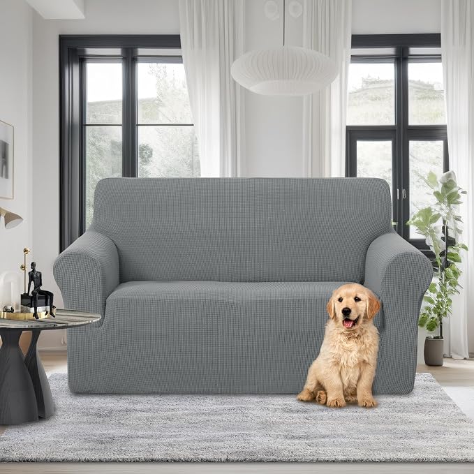U-NICE HOME Loveseat Cover Stretch Couch Cover Sofa Slipcover, Grey | 2 Cushion Sofa, 1-Piece Sofa cover, Washable, Pet friendly, Furniture protector, Polyester Spandex Jacquard fabric - Image 2