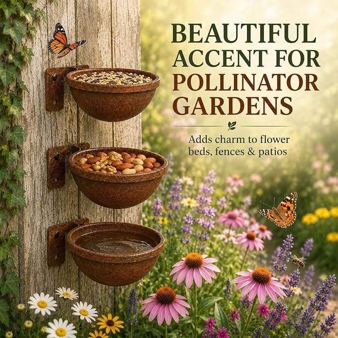 Rustic Wall Mounted Bird Feeder Bowls 3 Pack, Metal Bird Bath & Bird Seed Bowls for Wall, Fence or Tree, Vintage Outdoor Bird Water Feeder Set with Screws for Garden Decor - Image 6