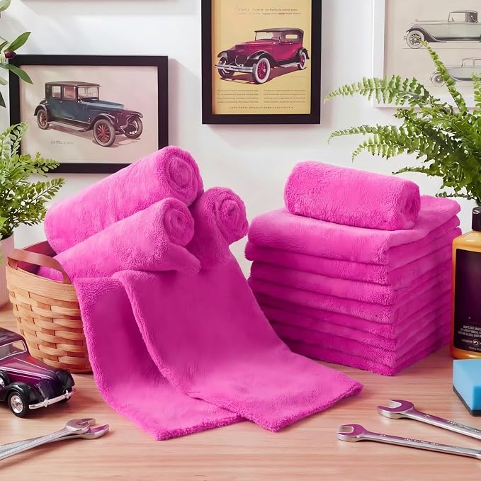 Shimeyao 30 Pcs 16 x 16 Inch Edgeless Microfiber Plush Towels for Cars Detailing Drying Wash Polishing Absorbent Cleaning Cloths, 500 GSM (Fuchsia) - Image 6