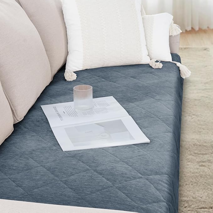 Couch Covers for Dogs Chenille Sofa Covers for 3 Cushion Washable Quilted Checkered Fuzzy Pet Couch Cover Soft Couch Protector Non-Slip Sofa Pads for Puppy Cat Kids(34.5" x 70", Stone Blue) - Image 5