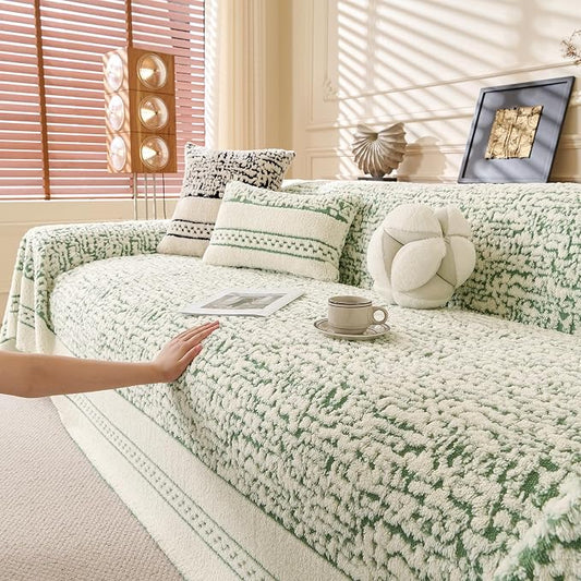 ROOMLIFE Thicked Striped Boho Green Couch Cover for 2-3 Cushion Sofa, Fuzzy Plush Warm Sofa Slipcovers Sectional Sofas Covers, Non Slip Washable Furniture Protector Soft with Tassel,Winter 71''X134” by ROOMLIFE