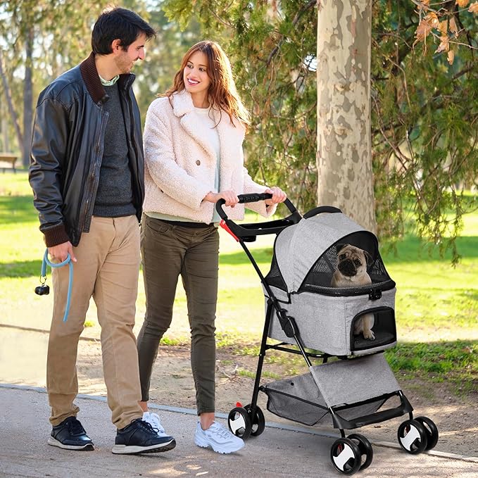 Pet Stroller 4 Wheels Dog Cat Stroller for Small Medium Dog Cats Carrier Jogger Travel Foldable Puppy with Detachable Carrier
