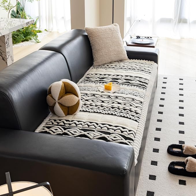 VClife Boho Couch Cover, Soft Fuzzy Couch Covers for Dog, Non-Slip Furniture Protector, Washable Durable Sofa Covers for Couch/Bench, Tribal White Black Geometric Slipcover, 27.6" x 59.1" - Image 8