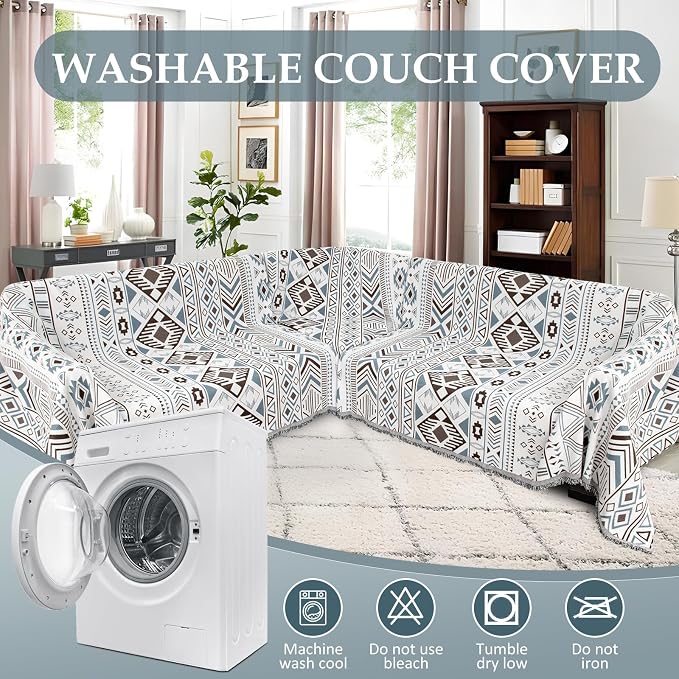 1OO% Waterproof Sectional Couch Covers for Dogs L Shaped Corner Sofa Cover Washable Chenille Sofa Slipcovers Blanket Modern Jacquard Pet Furniture Protector (91"x276", Boho Blue Brown) - Image 8