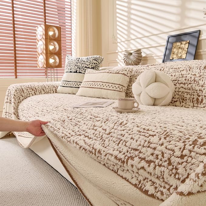 ROOMLIFE Thicked Striped Boho Khaki Couch Cover for 2-3 Cushion Sofa, Fuzzy Plush Warm Sofa Slipcovers Sectional Sofas Covers, Non Slip Washable Furniture Protector Soft with Tassel,Winter 71''X150” - Image 8