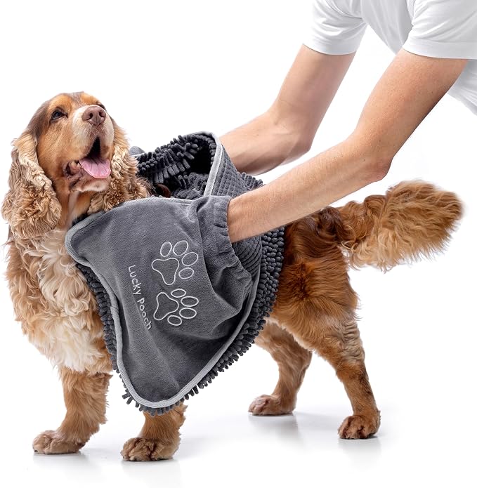 Lucky Pooch® Super Absorbent Shammy Dog Towel - Luxuriously Soft Hand Pockets – 34.5x12.5 – Quick Drying Microfiber Dog Bath Towel – Durable Dog Towels for Drying Dogs (Pack of 2, French Navy/Gray) - Image 2