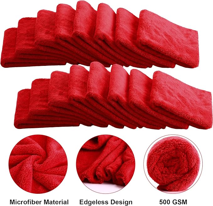 Shimeyao 30 Pcs 16 x 16 Inch Edgeless Microfiber Plush Towels for Cars Detailing Drying Wash Polishing Absorbent Cleaning Cloths, 500 GSM (Red) - Image 3