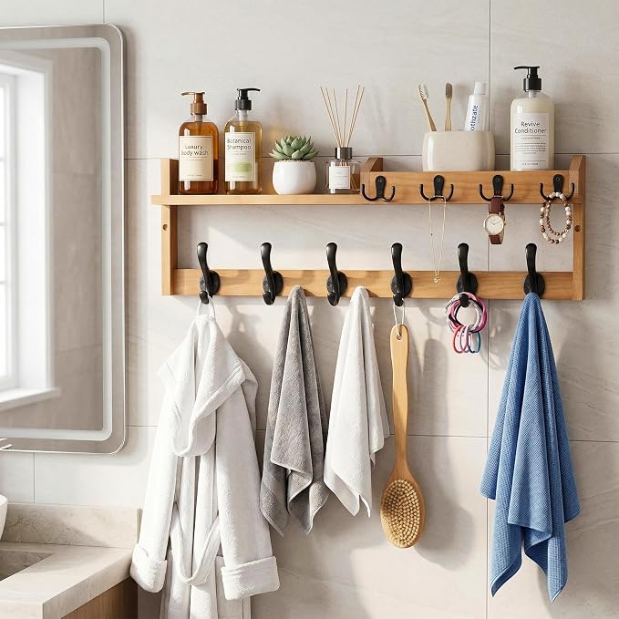 Coat Rack Wall Mount with Shelf, 27.5" Entryway Wall Hanging Shelf, Coat and Key Hanger with 10 Dual Hooks, Mail Organizer and Key Holder Hat Rack for Wall, Wood Coat Hooks with Storage - Image 5
