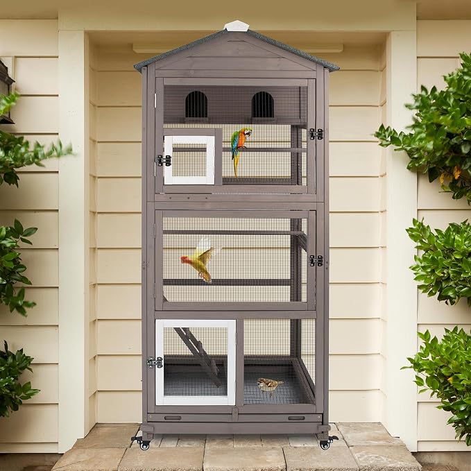 Gowoodhut 68.8"L Outdoor Bird Aviary Indoor Wooden Large Bird Cage Parakeet Cage on Wheels,Removable Wire Netting Slide Pull Out Tray, 2 Perches, Nest House,Ideal for Small Birds,Finches,Parrots,Grey by Gowoodhut