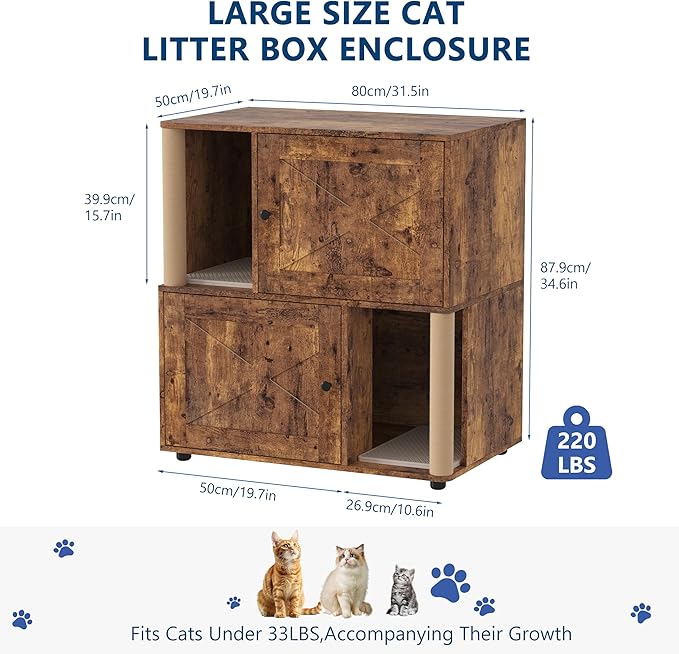 Garvee Double Layer Cat Litter Box Furniture, 2 in 1 Hidden Litter Box Furniture with Scratching Post and Litter Mats, Wooden Corner Cabinet Cat Washroom Bed - Image 2