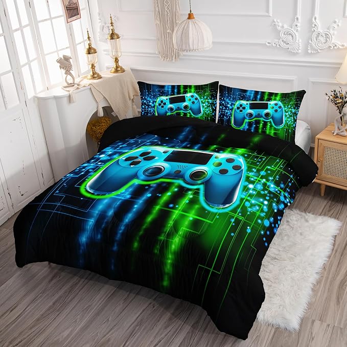 Green Gamepad Comforter Set 3D Gamepad Printed Bedding Set with 1 Comforter and 2 Pillowcases for Boys and Girls Bedroom All Season(Gamepad Full) - Image 3