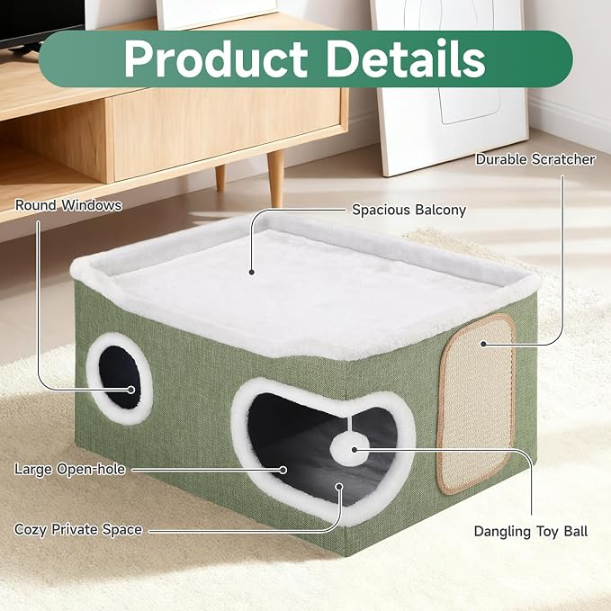 Shikha Extra Large Cat House Bed for Multi Cats with Scratch Pad Green | 24 x 17.7 x 12.6 IN Widen Cat Cave Cube for Multi Pets, Foldable, Arc-Edge Design, Oval Door, All Seasons Reversible Cushion - Image 3