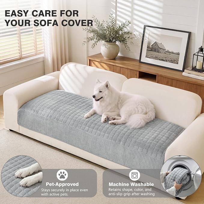 OHSIO Soft Plush Couch Cover for Sofa, Washable Milk Velvet Sofa Slipcover, Non-Slip Furniture Protector for 1 2 3 Seater Couch, Dogs, Pets and Kids(Light Gray, 35.43'' x 70.87'') - Image 4