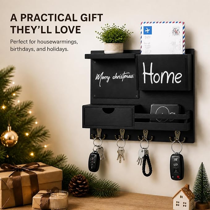 Dvobez Black Farmhouse Key Holder for Wall with Mail Organizer, 6-in-1 Entryway Organizer with Chalkboard, Drawer, Phone Wallet Holder, Top Shelf and 4 Double Hooks - Image 7