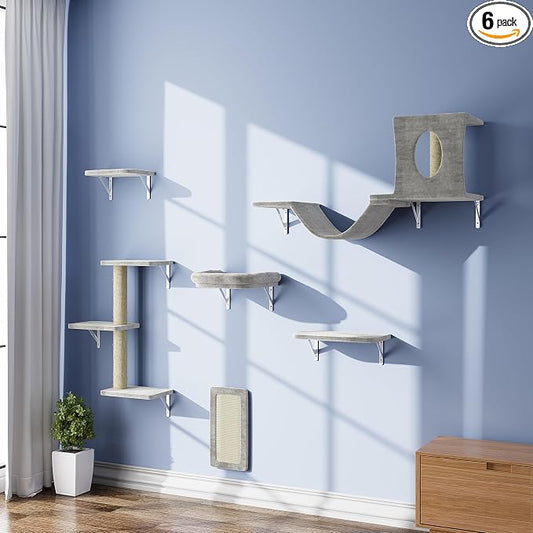 NUNU LAB Wall Mounted Cat Furniture Set - 6 Pcs Climber Set with House, Bridge, Steps, Scratcher Board - DIY Walls Playground, Indoor Cat Shelves - Gray by NUNULAB
