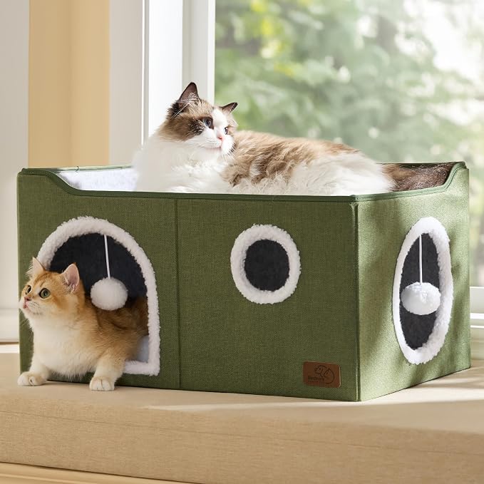 Bedsure Extra Wide Cat House Bed with Fluffy Ball and Scratch Pad | Loden Green,23.6x16.9x13 in,Indoor Cat Cave for Multiple Pets, Foldable Cat Hideway Cube for Sleeping Large Cat and Kitten - Image 9