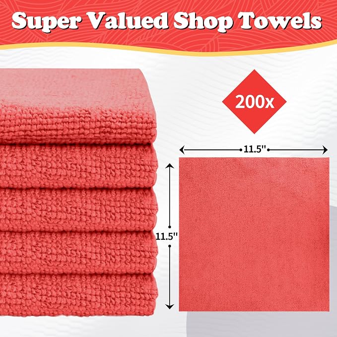 FIXSMITH Shop Towels, Red Microfiber Cleaning Cloth Bulk, 200 Pack Microfiber Towels for Cars, All-Purpose Absorbent Cleaning Rags, Dust Cloth for Automotive, Mechanic, Garage, Bar, 11.5 x 11.5 inch - Image 2