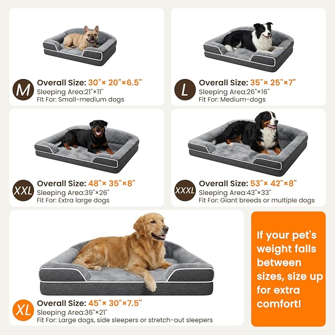 Orthopedic Dog Bed for Giant&Multiple Dogs, 53x42 XXXL Extra Large Dog Bed | Egg Crate Foam for Pressure Relief, Cozy Bolster Sofa Design, Waterproof Washable Cover, Non Slip Bottom, Dark Grey - Image 7