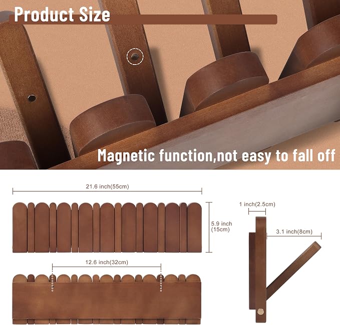 Wall Coat Rack for Entryway: Folding Wood Modern Heavy Duty 8 Hooks | 21.6'' Wall Mounted for Mid Century Home Decor Bathroom Bedroom Hallway for Hanging Towel Jacket Backpack Bag - Image 2