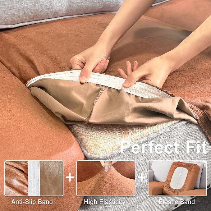 ANARACHON Leather Look Couch Cushion Covers Sofa Seat Slipcovers Sets Couches Furniture Protector for Sectional Armchair Loveseat Pets Kids Stretch Spandex Fabric (3 Cushion Sofa, Pinkish Brown) - Image 5