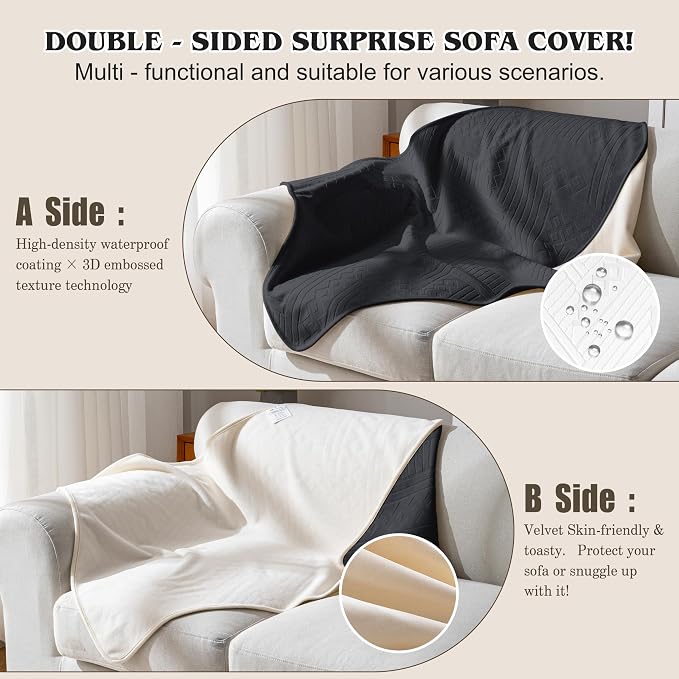 Waterproof Recliner Chair Cover - Washable Double-Sided Velvet and Pattern Reversible Cover for Couch, Bed, Car and Sofa Protection for Dogs, 30x40in/Black - Image 2